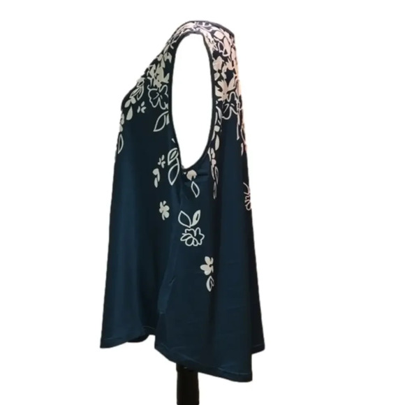 Floral Print Tunic White on Green V Neck Sleeveless Stretch Women 3XL (US 18) - Picture 4 of 5